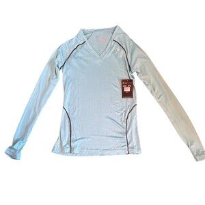 Bally Total Fitness Dry-Wik Tee Womens S Light Blue V-Neck Long Sleeve